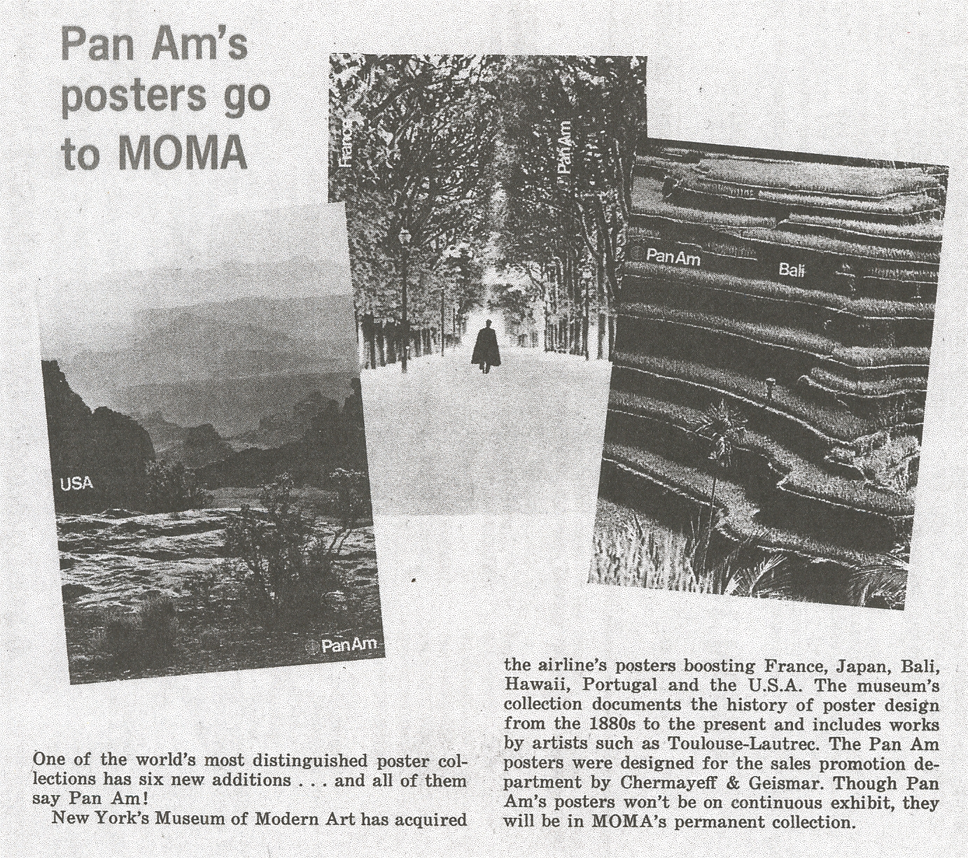 An article explaining how some of Pan Am's early 1970s posters were selected to join the collection of the New York Museum of Modern Art.
